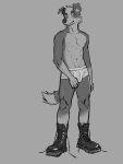 anthro black_nose boots briefs brriefs bulge canid canine canis clothing domestic_dog drdalefox footwear grey_background greyscale hi_res male mammal monochrome navel nipples shoelaces simple_background smile solo underwear white_briefs white_clothing white_underwear