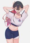  absurdres black_hair carmine_(pokemon) colored_inner_hair crop_top crossed_bangs feet_out_of_frame groin hair_tie hair_tie_in_mouth highres kkk_175 long_hair midriff mole mole_under_eye mouth_hold multicolored_hair navel one_eye_closed pokemon pokemon_sv red_hair shirt short_sleeves shorts sports_bra standing stomach thighs two-tone_hair tying_hair white_background white_shirt yellow_eyes 