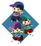 3boys alternate_color backpack bag baseball_cap black_hair blue_headwear blush_stickers checkered_clothes checkered_shirt clone green_bag hat hitofutarai male_focus mother_(game) mother_2 multiple_boys ness_(mother_2) no_lineart open_mouth orange_bag outstretched_arms player_2 purple_headwear red_bag red_shorts shirt short_hair shorts sideways_hat solid_oval_eyes spread_arms striped_clothes striped_shirt super_smash_bros. 