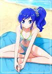  aikatsu! aikatsu!_(series) barefoot bikini blue_eyes blue_hair butterfly_sitting frilled_bikini frills front-tie_top kiriya_aoi long_hair looking_at_viewer mo_sabo nail_polish polka_dot polka_dot_bikini polka_dot_swimsuit side_ponytail solo swimsuit 