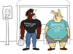 2022 anthro belly big_belly bottomwear brown_body bulge bus_stop bus_stop_sign clothing duo equid equine eyewear genital_outline geuremon horse lagomorph leporid male mammal muscular muscular_male obese obese_male overweight overweight_male pants penis_outline question_mark rabbit shirt shorts sunglasses text text_on_clothing text_on_shirt text_on_topwear topwear