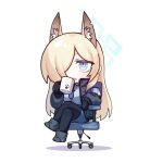  1girl animal_ear_fluff animal_ears black_gloves black_pantyhose blonde_hair blue_archive blue_eyes blue_necktie blue_shirt blue_skirt boots chair chibi commentary_request crossed_legs cup dog_ears extra_ears gloves halo highres holding holding_cup jacket kanna_(blue_archive) long_hair long_sleeves necktie notched_ear office_chair open_clothes open_jacket open_mouth pantyhose shirt sidelocks simple_background sitting skirt solo swivel_chair tosankaku white_background 