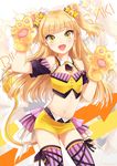  :d animal_ears blonde_hair blush bow character_name fangs green_eyes hair_bow idolmaster idolmaster_cinderella_girls jougasaki_rika long_hair midriff navel necktie open_mouth paws sera_(mrvles) smile solo tail thighhighs two_side_up 