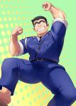  1boy arm_hair bara black_hair clenched_hands facial_hair feet_out_of_frame goatee_stubble grin hairy hand_hair highres huge_eyebrows knuckle_hair kochikame large_pectorals leg_hair looking_at_viewer male_focus mature_male midair muscular muscular_male mustache_stubble pectorals police police_uniform policeman ryoutsu_kankichi short_hair sideburns smile spread_legs stubble thick_thighs thighs uniform yasuyuki_eve 