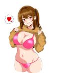  1girl bikini breasts brown_hair brown_sweater cleavage clothes_lift cropped_legs groin heart highres kinako_mochi_(pixiv100419090) large_breasts lifted_by_self long_hair navel one_side_up original pink_bikini red_eyes simple_background solo spoken_heart sweater sweater_lift swimsuit white_background 