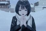  1girl bandaid bandaid_on_face bandaid_on_hand black_hair black_jacket blue_eyes blush breath building day half-closed_eyes hands_up highres house jacket long_sleeves looking_down open_mouth original outdoors sakiika0513 scarf short_hair sky snow snowing solo upper_body white_scarf 