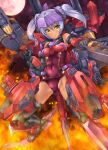 1girl absurdres bare_shoulders blush breasts dark-skinned_female dark_skin derivative_work fire frame_arms_girl green_eyes grey_hair gun headgear highres hresvelgr_rufus looking_at_viewer mecha_musume medium_breasts oooqqq redrawn school_swimsuit smile solo swimsuit thighhighs twintails weapon 