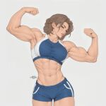  1girl abs absurdres biceps breasts brown_hair cherubic_alex cleavage dated double_biceps_pose flexing highres large_breasts looking_at_viewer muscular muscular_female navel obliques original short_hair signature simple_background smile solo sports_bra thighs toned 