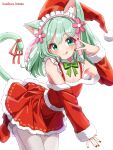  :p animal_ears bow cat_ears cat_girl cat_tail christmas cowboy_shot fingernails green_bow green_eyes green_hair hat hazakura_hinata highres leg_up nail_polish original red_nails santa_costume santa_hat tail tongue tongue_out v v_over_eye 