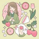  1girl ^_^ blush brown_hair cake cake_slice closed_eyes commentary covered_mouth doughnut facing_viewer flower food fruit green_background green_sweater hashtag_only_commentary highres holding holding_flower holding_food holding_fruit leaf long_hair long_sleeves nahara_saki original own_hands_together pink_flower sparkle strawberry sweater symbol-only_commentary tulip white_flower yellow_background 