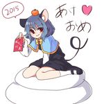 &gt;:) animal_ears blue_hair capelet dress food food_on_head fruit fruit_on_head happy_new_year kozakura_(dictionary) looking_at_viewer mary_janes mouse_ears nazrin new_year object_on_head orange red_eyes shoes short_hair sitting smile socks solo touhou v-shaped_eyebrows wariza white_legwear 