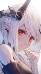  1girl absurdres arknights commentary_request hand_up highres horns looking_at_viewer mudrock_(arknights) pointy_ears red_eyes renkon_logistics smile solo upper_body white_hair 