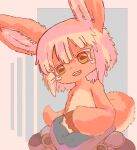 4_fingers anthro brown_body clothing deepfall_(artist) female fingers fur hair hi_res inner_ear_fluff lagomorph leporid long_ears made_in_abyss male mammal nanachi open_mouth rabbit simple_background tail tuft yellow_eyes