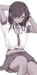  1girl arms_behind_head blush breasts cleavage collar collared_shirt cropped_shirt dark-skinned_female dark_skin ear_piercing earrings goddess_of_victory:_nikke hair_ornament hair_over_one_eye hair_tie jewelry kumo_tabetai large_breasts long_hair looking_at_viewer loose_necktie monochrome mouth_hold naga_(nikke) navel necklace necktie piercing pleated_skirt shirt short_sleeves side_ponytail sitting skirt solo striped_necktie 
