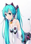  aqua_hair bell bell_collar cat_tail collar covered_navel elbow_gloves gloves green_eyes hatsune_miku headphones highres jingle_bell long_hair looking_at_viewer miu_(angelo_whitechoc) solo tail twintails vocaloid 