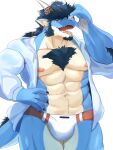 absurd_res another_eidos_of_dragon_vein_r anthro arm_tuft black_hair blue_body blue_scales body_hair bulge chest_hair clothing dragon ear_piercing ear_ring elbow_tuft fangs folker_(anothereidos_r) hair hand_on_head hand_on_side hi_res hoodie horn humanoid_pointy_ears kemo_kemo56 long_hair male navel nipples open_mouth piercing pink_nipples ponytail red_eyes ring_piercing scales speedo swimwear tail_hair teeth tongue tongue_out topwear tuft