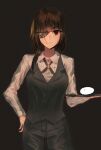  1girl bartender black_background brown_eyes brown_hair closed_mouth eyepatch girls&#039;_frontline highres long_hair looking_at_viewer m16a1_(girls&#039;_frontline) mole mole_under_eye scar shirt suit white_shirt xanax025 