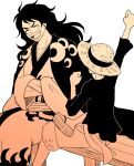  2boys black_hair clenched_hands closed_eyes commentary_request hat highres japanese_clothes kimono long_hair male_focus momonosuke_(one_piece) monkey_d._luffy multiple_boys one_piece open_mouth ronronbayashi sandals short_hair smile straw_hat wavy_hair 