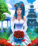 :d aoki_hagane_no_arpeggio bare_shoulders bird blue_eyes blue_hair blurry bouquet breasts cleavage commentary day depth_of_field dress elbow_gloves english_commentary field flower flower_field gloves hair_flower hair_ornament highres jewelry looking_at_viewer medium_breasts military military_vehicle narongdej_watcharapasorn necklace open_mouth petals realistic rose seagull ship smile solo takao_(aoki_hagane_no_arpeggio) tree warship watercraft wedding_dress white_dress white_gloves 