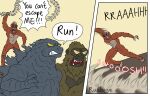 attack bald english_text feral fur godzilla godzilla_(series) group hi_res king_kong male running ruubeszdraws scales simple_background skar_king sound_effects speech_bubble text toho trio whip