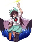  1girl absurdres arm_up bird_wings black_sun black_thighhighs black_wings bow brown_hair cape commentary eddybird55555 green_bow hair_bow highres index_finger_raised long_hair looking_at_viewer red_eyes reiuji_utsuho rod_of_remorse short_sleeves simple_background single_thighhigh solo starry_sky_print sun thighhighs third_eye touhou white_background white_cape wings 