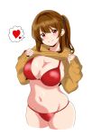 1girl bikini breasts brown_hair brown_sweater cleavage clothes_lift cropped_legs groin heart highres kinako_mochi_(pixiv100419090) large_breasts lifted_by_self long_hair navel one_side_up original red_bikini red_eyes simple_background solo spoken_heart sweater sweater_lift swimsuit white_background 