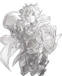  1boy armor bishounen breastplate commentary erune expressionless fingerless_gloves floating_clothes gloves granblue_fantasy grey_eyes grey_hair greyscale highres holding holding_mask hood hood_down jacket light_frown looking_up male_focus mask messy_hair monochrome seox_(granblue_fantasy) short_bangs short_hair sketch solo_focus t_of_game turtleneck white_background 