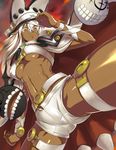  belt beltbra breasts commentary_request covered_nipples dark_skin guilty_gear guilty_gear_xrd hat highres ippo large_breasts looking_at_viewer looking_down orange_eyes ramlethal_valentine shiny shiny_skin short_shorts shorts solo spread_legs thighs toned underboob white_hair 