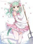  :o animal_ears apron cat_ears cat_girl cat_tail cleaning elbow_gloves frilled_apron frills gloves green_eyes green_hair hazakura_hinata highres holding holding_mop maid maid_apron mop original tail wa_maid 