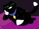 2024 anthro black_body black_ears cat_tail chubby_belly collar collar_tag colored digital_media_(artwork) domestic_cat felid feline felis fur genitals green_sclera grin grinning_at_viewer hand_on_cheek hi_res humanoid_genitalia looking_at_viewer lying male mammal monkey_wrench_(series) moobs multi_nipple multicolored_body multicolored_fur nipples nude on_side penis scratch_(monkey_wrench) smile solo solo_focus tail thick_thighs two_tone_body two_tone_fur weirdoenjoyer
