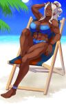  1girl abs absurdres alternate_costume armband bare_arms bare_legs barefoot beach beach_chair bikini blue_bikini breasts brown_eyes cleavage covered_nipples dark-skinned_female dark_skin fire_emblem fire_emblem_engage full_moon grey_hair high_ponytail highres jewelry large_breasts long_hair looking_at_viewer moon muscular muscular_female night ocean one_eye_closed outdoors palm_tree ponytail ring saphir_(fire_emblem) sky smile solo star_(sky) starry_sky swimsuit tetsuji_(i_ttj_f_c) tree 