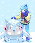  1boy blue_footwear blue_hair blue_mittens blue_scarf boots cetitan cetoddle commentary ffccll grusha_(pokemon) hand_up highres jacket long_sleeves looking_down male_focus mittens outdoors pants pokemon pokemon_(creature) pokemon_sv scarf scarf_over_mouth snow snow_sculpture snowing standing striped_clothes striped_scarf yellow_jacket 