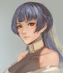  1girl athena_(fire_emblem) blue_hair blunt_bangs braid brown_eyes cm_lynarc colored_skin crown_braid fire_emblem fire_emblem:_new_mystery_of_the_emblem fire_emblem:_shadow_dragon highres looking_at_viewer orange_skin portrait solo 