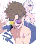  2boys :d @_43517 asymmetrical_eyewear aviator_sunglasses belial_(granblue_fantasy) bishounen brown_hair collarbone expressionless from_side granblue_fantasy granblue_fantasy_versus:_rising grin hair_between_eyes hand_up jacket korean_commentary looking_at_viewer lucilius_(granblue_fantasy) male_focus messy_hair multiple_boys open_clothes open_jacket purple_jacket red_eyes short_hair sketch smile sparkle spiked_hair sunglasses topless_male white_background white_hair 