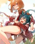  2girls :d ahoge animal_ears blue_hair blunt_bangs blush bob_cut bow braid bug buruma butterfly closed_eyes commentary crossed_bangs glasses grass grey-framed_eyewear grey_eyes grin gym_shorts gym_uniform hair_bow holding_own_tail horse_ears horse_girl horse_tail hug hug_from_behind ikuno_dictus_(umamusume) jacket leg_up long_hair long_sleeves looking_at_another multicolored_hair multiple_girls open_mouth orange_hair osamu_(uko_oku) partially_unzipped red_buruma red_jacket red_shorts round_eyewear sharp_teeth shorts sidelocks single_braid smile streaked_hair striped_bow tail teeth tracen_training_uniform twin_turbo_(umamusume) twintails umamusume upper_teeth_only 