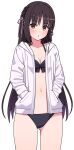  1girl :o bikini black_bikini black_hair blush braid breasts brown_eyes cafe_stella_to_shinigami_no_chou cleavage collarbone commentary cowboy_shot eyes_visible_through_hair flower hair_flower hair_ornament hair_ribbon halterneck hands_in_pockets hood hooded_jacket jacket long_hair looking_at_viewer medium_breasts navel open_clothes open_jacket parted_bangs parted_lips pink_ribbon ribbon shiki_natsume side_braid sidelocks simple_background solo straight_hair swimsuit symbol-only_commentary very_long_hair white_background white_flower white_jacket zlmh7okwwbmghfo 