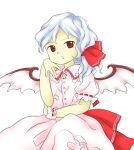  1girl alternate_hairstyle bat_wings blue_hair buttons collared_dress dress hair_ribbon hand_up light_blue_hair medium_hair nonamejd official_style pink_dress pink_wings puffy_short_sleeves puffy_sleeves red_eyes red_ribbon remilia_scarlet ribbon short_sleeves simple_background solo touhou white_background wings zun_(style) 