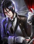  banned_artist black_hair chain coffee formal gloves hair_between_eyes kuroshitsuji male_focus necktie red_eyes sakimichan sebastian_michaelis solo suit upper_body watermark web_address 