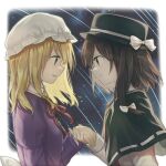  2girls black_capelet blonde_hair bow brown_hair capelet closed_mouth commentary dress eye_contact fedora hair_bow hat hat_bow holding_hands inuko_(ink0425) light_blush long_hair long_sleeves looking_at_another maribel_hearn medium_hair mob_cap multiple_girls neck_ribbon night night_sky open_mouth purple_dress red_ribbon ribbon ribbon-trimmed_capelet shooting_star sky smile star_(sky) touhou usami_renko white_bow white_headwear yuri 