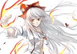 1girl blonde_hair breasts chinese_commentary closed_mouth collared_shirt commentary_request fujiwara_no_mokou hair_ribbon highres long_hair medium_breasts mxx33 red_eyes red_ribbon ribbon shirt sketch sleeves_past_elbows solo suspenders touhou upper_body white_hair white_shirt 