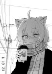  1girl ahoge animal_ears blush cat_ears cat_girl chun_1234567 cup fang greyscale hair_between_eyes highres holding holding_cup hololive looking_at_viewer monochrome nekomata_okayu scarf skin_fang solo utility_pole virtual_youtuber 