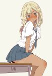  1girl :&lt; blonde_hair blue_eyes blush daipunch dark-skinned_female dark_skin desk embarrassed feet_out_of_frame frown grey_necktie grey_skirt gyaru highres long_hair looking_at_viewer necktie original school_desk school_uniform shirt short_sleeves simple_background sitting skirt solo sweatdrop uniform white_shirt 