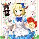  alice_(wonderland) alice_(wonderland)_(cosplay) alice_in_wonderland anko_(gochiusa) blonde_hair bow card cosplay dress faubynet gochuumon_wa_usagi_desu_ka? green_eyes highres kirima_sharo looking_at_viewer md5_mismatch mushroom playing_card pocket_watch polka_dot polka_dot_bow short_hair solo spoon tippy_(gochiusa) watch 