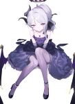  1girl absurdres black_horns blue_archive blush closed_mouth demon_horns demon_wings dress elbow_gloves gloves grey_hair halo highres hina_(blue_archive) hina_(dress)_(blue_archive) horns long_hair looking_at_viewer official_alternate_costume purple_dress purple_eyes purple_gloves purple_wings sh_(shinh) solo strapless strapless_dress wings 