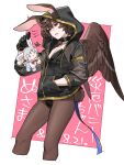  1boy ahoge animal_ears black_gloves black_hoodie breasts brown_hair buckle chibi cleavage collar commentary cowboy_shot disgust empty_eyes feathered_wings genderswap genderswap_(mtf) gloves granblue_fantasy hair_between_eyes highres holding hood hood_up hoodie light_frown lucifer_(shingeki_no_bahamut) medium_breasts messy_hair parted_lips pink_background playboy_bunny rabbit_ears rabbit_tail red_eyes red_ribbon ribbon sandalphon_(granblue_fantasy) sanditk_gbf scowl short_hair tail wings 