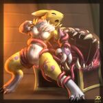 ambiguous_gender anthro bandai_namco bodily_fluids digimon digimon_(species) duo female feral genitals hi_res mimic mimic_chest open_mouth pussy radasus renamon saliva struggling struggling_prey teeth tentacle_bondage tentacles vore