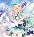  3girls 7793gayu black_gloves blonde_hair blue_hair blue_sky closed_eyes cloud cowboy_shot crown day dress elira_pendora fangs finana_ryugu flower gloves green_hair hair_between_eyes hair_flower hair_ornament hair_over_one_eye hairclip head_wings headband highres hug lazulight long_hair long_sleeves multiple_girls nijisanji nijisanji_en outdoors pomu_rainpuff pomu_rainpuff_(1st_costume) shorts sky smile suspender_shorts suspenders sweater tail virtual_youtuber white_sweater wings 