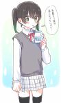  1girl black_hair black_thighhighs blush drink gradient_hair green_eyes green_hair grey_sweater_vest highres holding holding_drink long_sleeves looking_at_viewer love_live! love_live!_nijigasaki_high_school_idol_club medium_hair milk_carton multicolored_hair neck_ribbon plaid plaid_skirt pleated_skirt red_ribbon ribbon shirt sidelocks skirt solo standing sweater_vest takasaki_yuu thighhighs thought_bubble translation_request twintails upper_body white_shirt white_skirt yoon_(yoon_lovelive) 