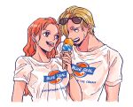  1boy 1girl blonde_hair bracelet commentary curly_eyebrows earrings eyewear_on_head food hair_behind_ear hair_over_one_eye hatch_(8cco) holding holding_food holding_ice_cream ice_cream jewelry long_hair looking_at_another nami_(one_piece) one_piece orange_eyes orange_hair sanji_(one_piece) shirt short_hair simple_background symbol-only_commentary t-shirt tongue tongue_out upper_body white_background white_shirt 