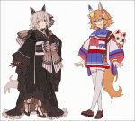  +_+ animal_ears bow curren_chan_(umamusume) ear_bow ear_covers ear_ribbon gloves grey_hair hair_between_eyes hakusai_(tiahszld) horse_ears horse_girl horse_tail looking_at_viewer maneki-neko matikanefukukitaru_(umamusume) multiple_girls open_mouth orange_hair orange_tail purple_eyes short_hair simple_background single_ear_cover smile tail umamusume umamusume:_road_to_the_top 